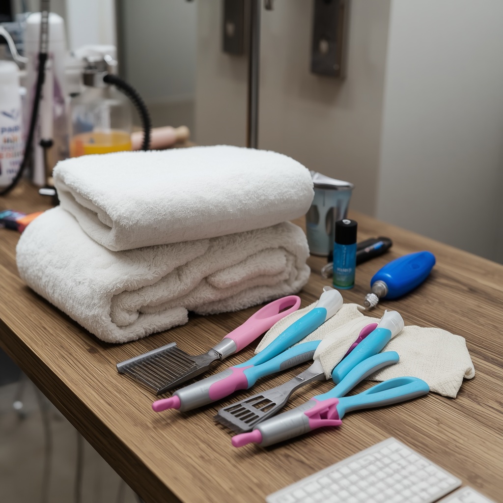A professional grooming station with clean towels and pet grooming tools on a wooden table